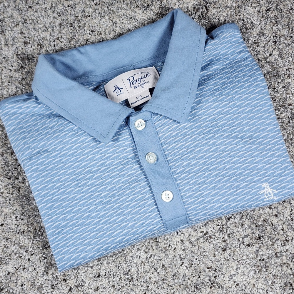 Original Penguin Polo Shirt Mens Large Blue Textured Wave Short Sleeve Excellent